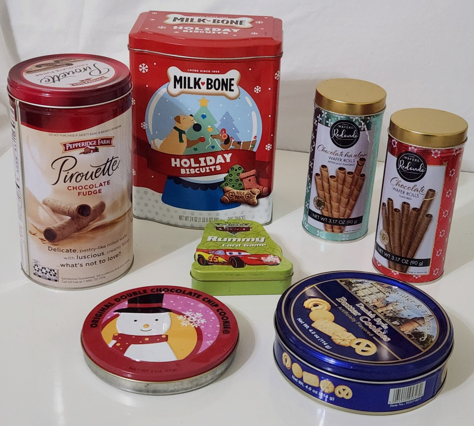 Lot 7 Empty Metal Tins Cookie Cards Milk Bone Wafer Round Cylinder (N)