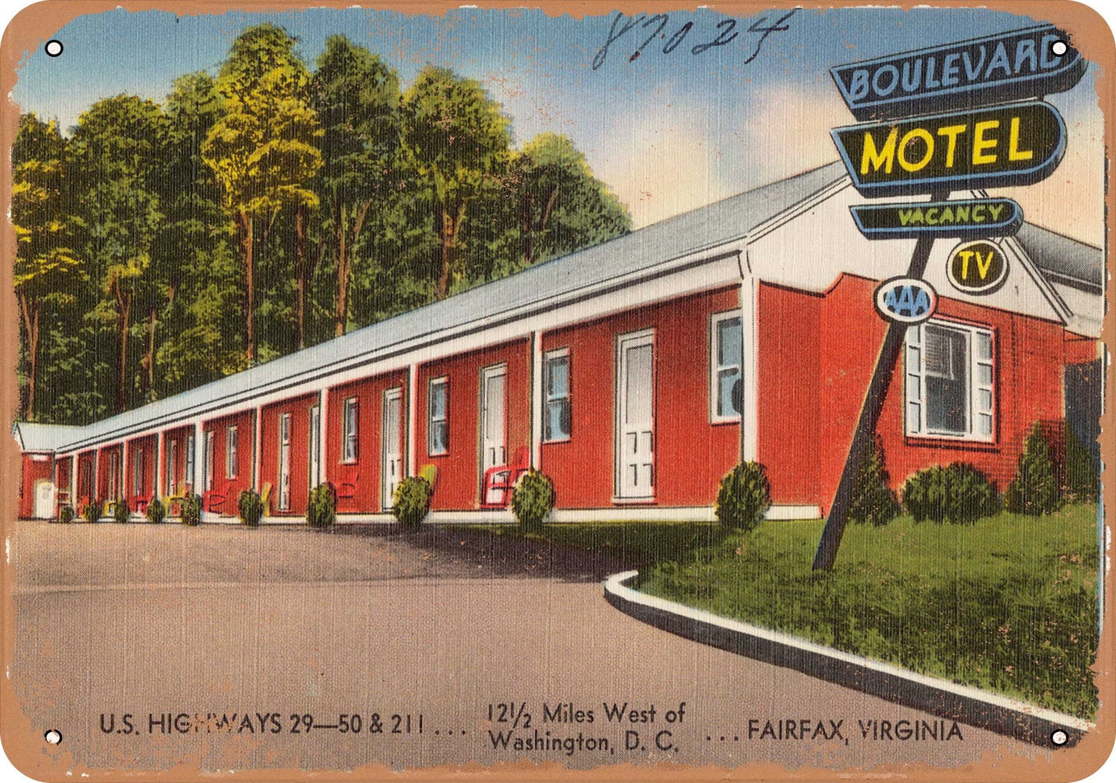 METAL SIGN – Virginia Postcard – Boulevard Motel, U.S. highways 29 – 50 & 211.