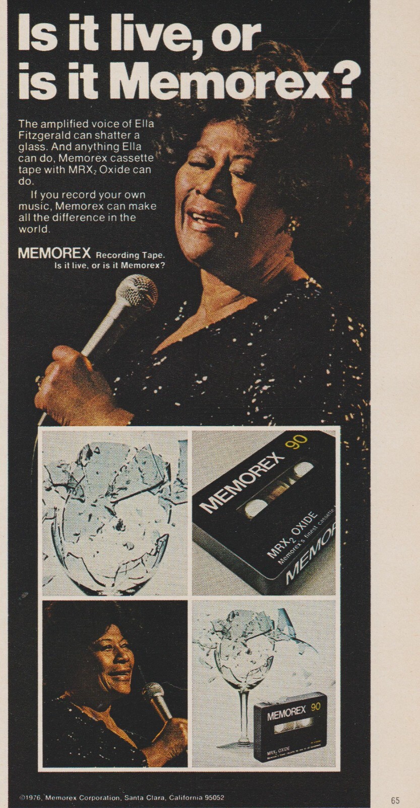 1977 Memorex Cassette Tapes – Singer Ella Fitzgerald – “Live?” – Print Ad Photo