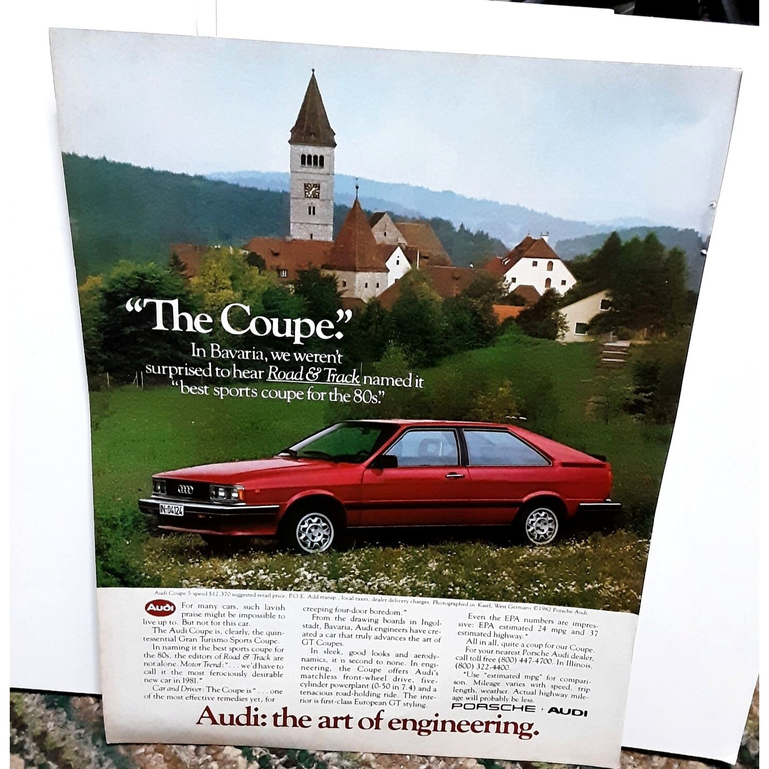 1982 Audi Porsche Coupe Car Art Of Engineering Vintage Print Ad Original 80s