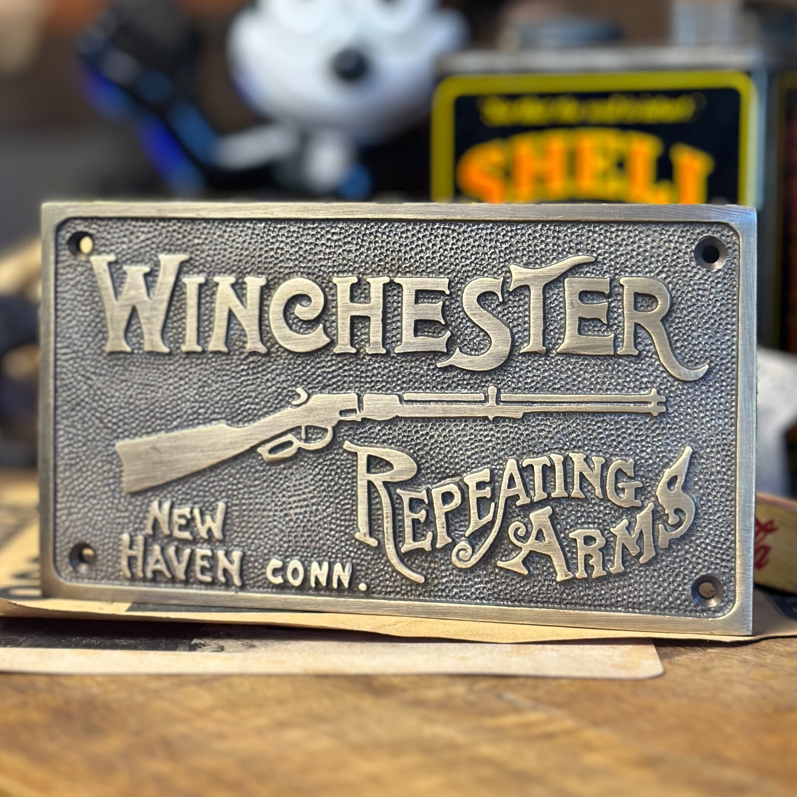Winchester Repeating Arms Solid Brass Wall Plaque Sign W/ Antique Vintage Finish