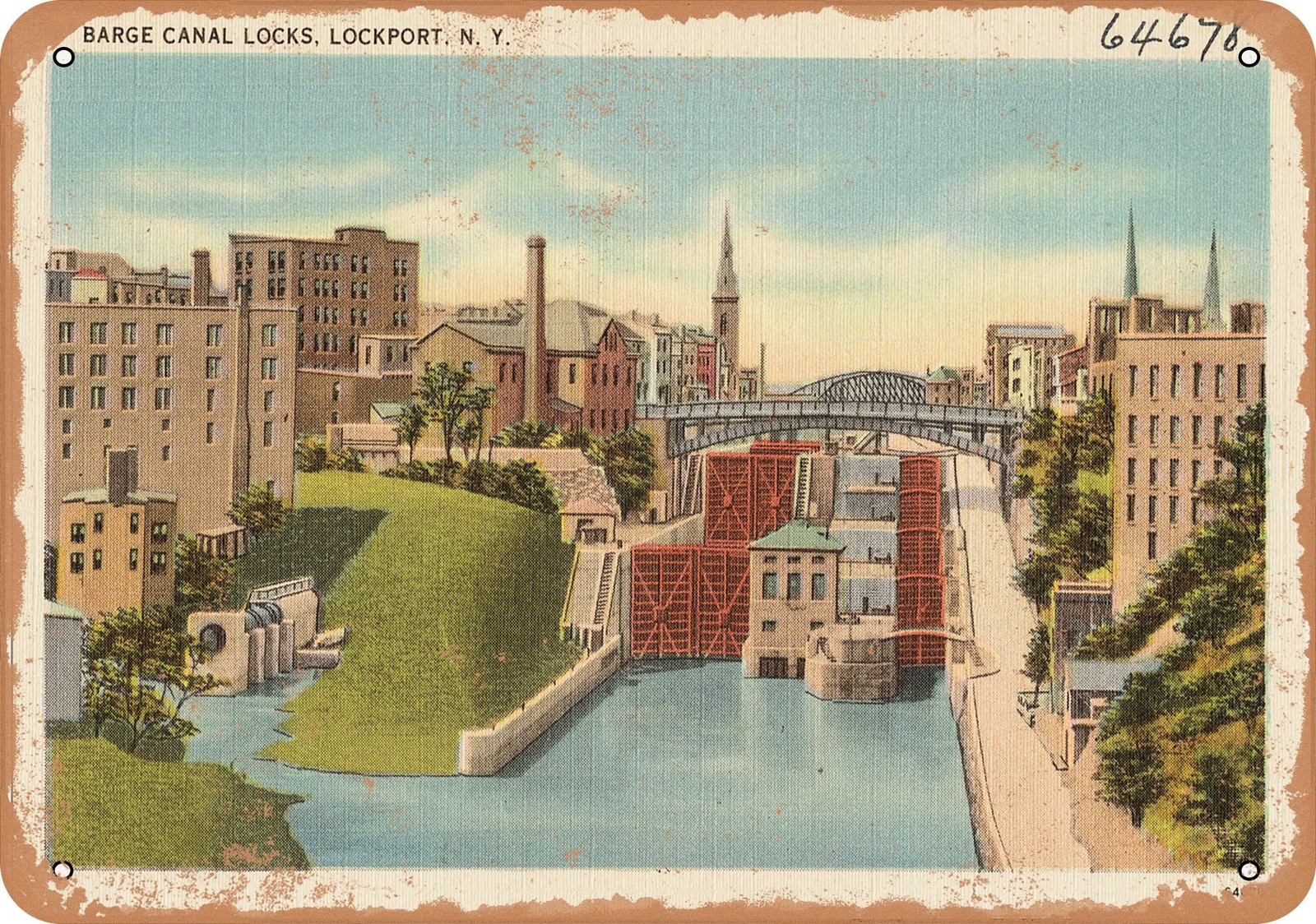 METAL SIGN – New York Postcard – Barge Canal locks, Lockport, N. Y.