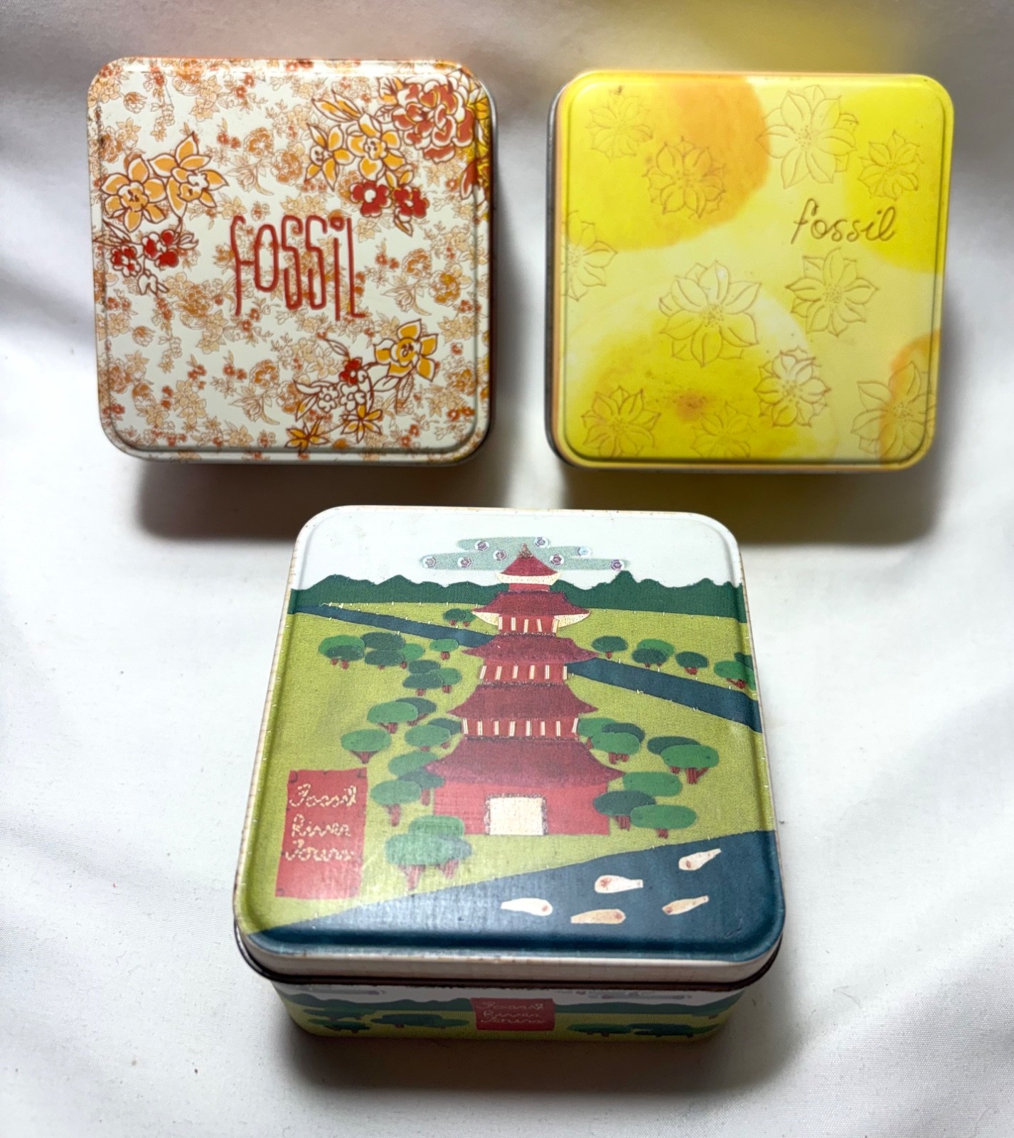Lot of 3 FOSSIL WATCH TINS Collectible Retro Graphic Storage Boxes