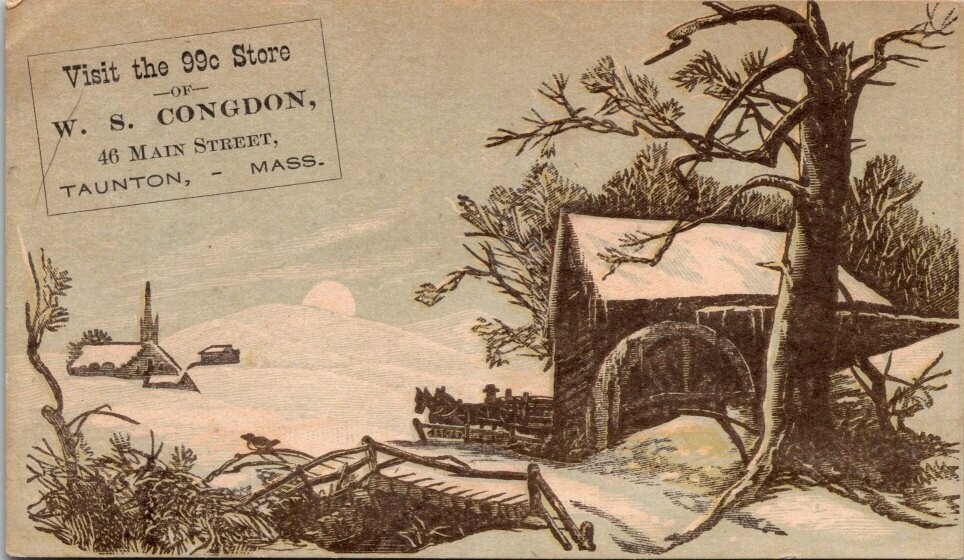 Taunton MA W S Congdon 99c Store Snow Scene Church Horse Cart Bridge NQV1