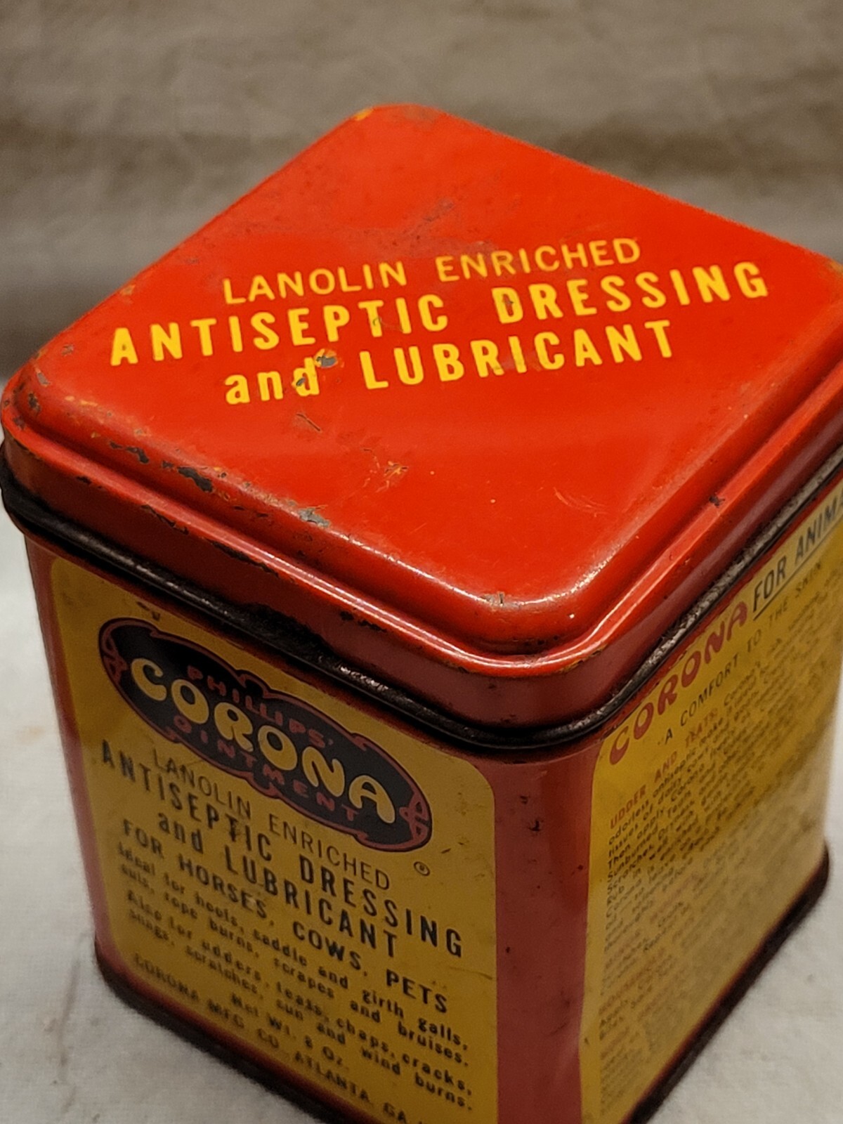 EMPTY OLD PHILLIPS’ CORONA OINTMENT DRESSING HORSES COWS PETS ATLANTA GA TIN