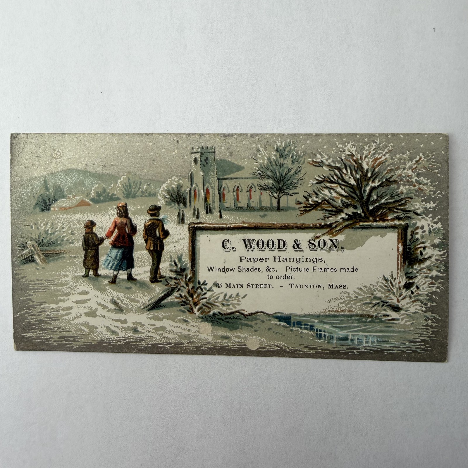 Taunton MA C. Wood & Son Paper Hangings Winter Church Family Scene Trade Card
