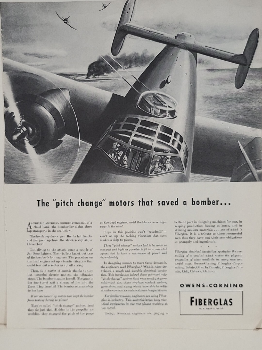 1942 Owens-Corning Fiberglas Fortune WW2 Print Ad Q3 Bombers Airplanes Firefight