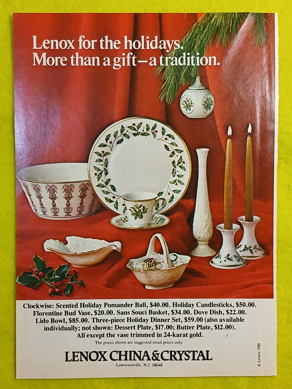 Lenox China & Crystal Vintage Print Ad 1981 Christmas