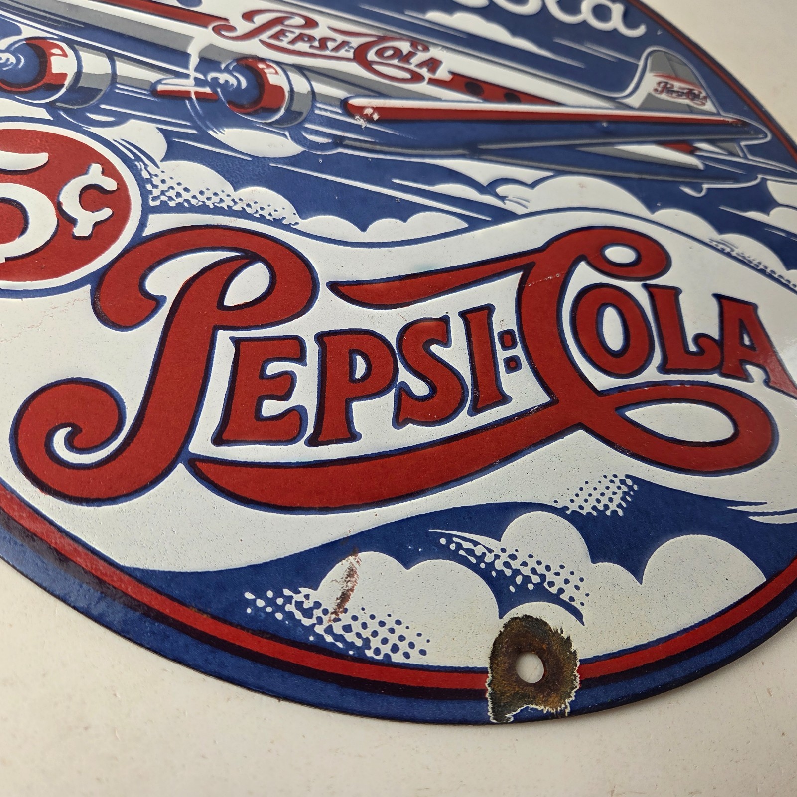 Vintage Pepsi Porcelain Sign – 5 Cent Airplane Ad Drink Soda Cola Sign