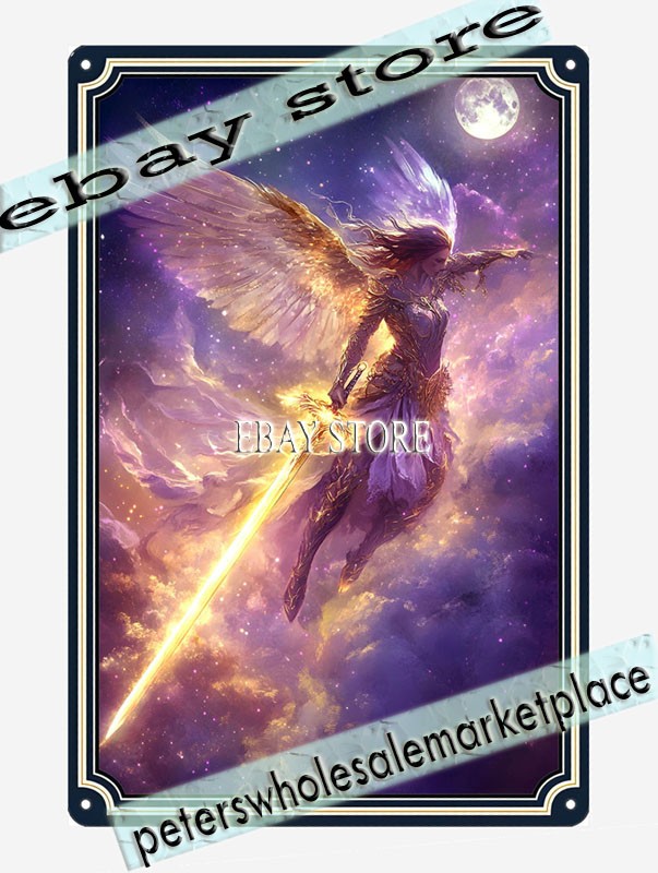 Angel Warrior Metal Tin Sign Flaming Sword Art metal wall plaque