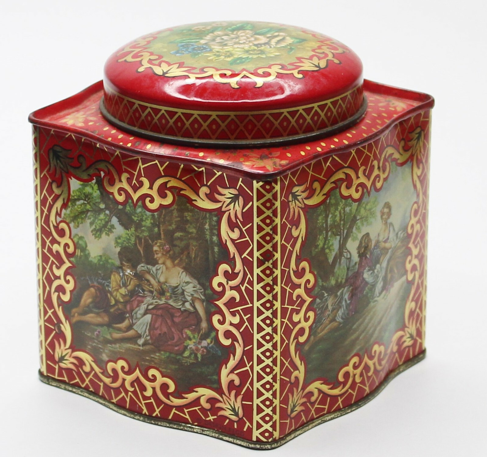 English Tea Tin Daher Red Gold Floral Couples in Grass Vintage Made in England