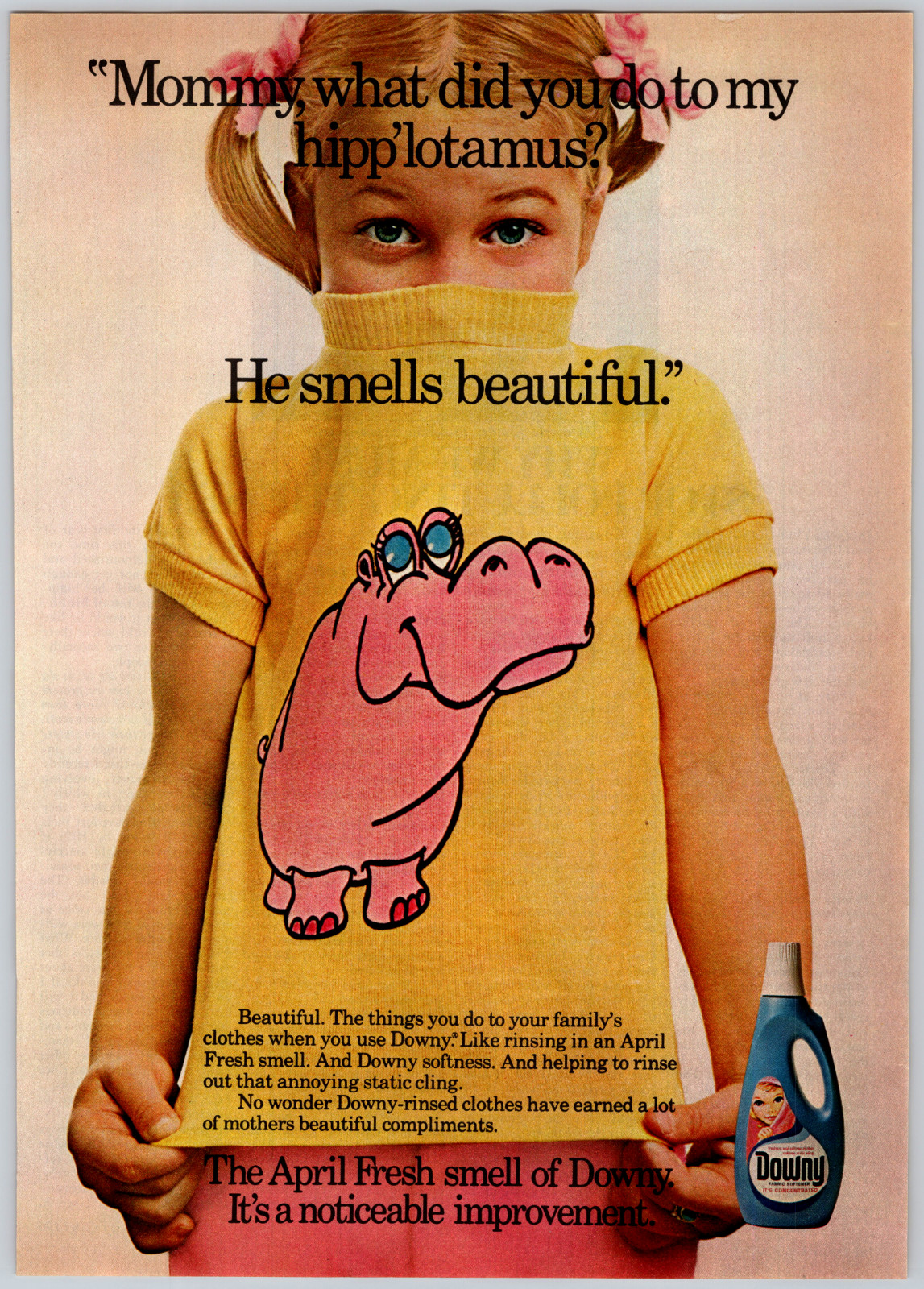 1977 Print Ad Downy Fabric Softner Hippo Shirt Yellow Pink