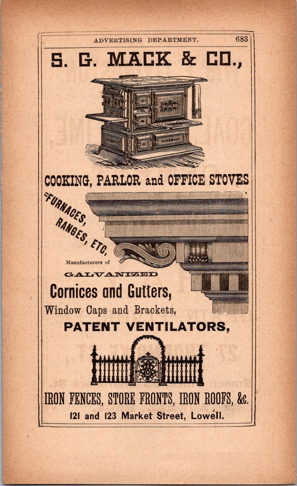 1885 S.G. Mack & Co Cooking Parlor Office Stoves Patent Ventilators LOWELL MA