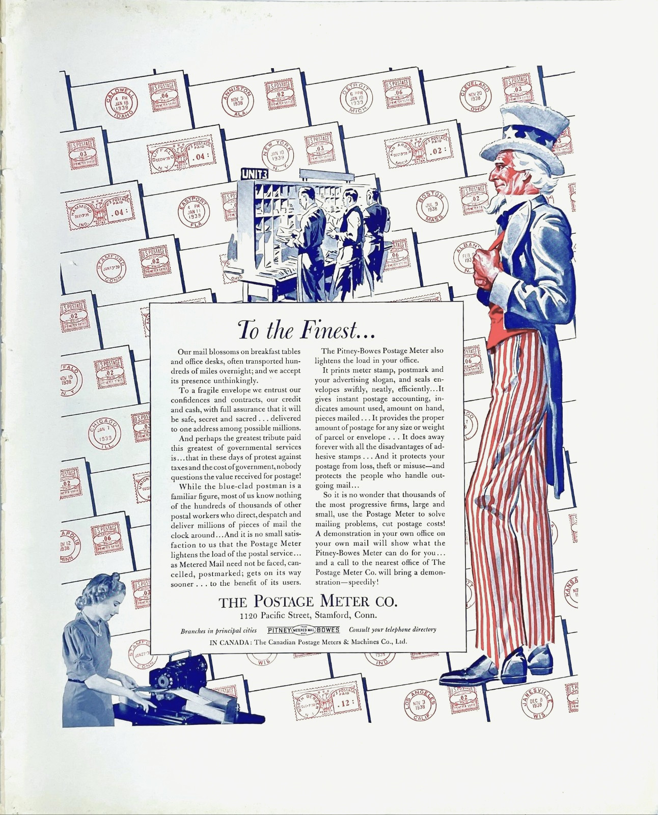 Pitney Bowes Postage Meter Co Uncle Sam Patriotic 1939 Vtg Magazine Print Ad