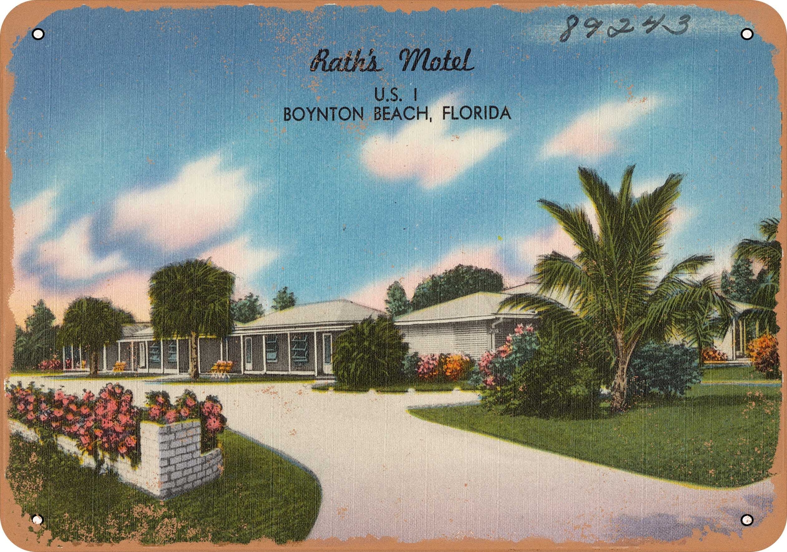 METAL SIGN – Florida Postcard – Rath’s Motel- U.S. 1, Boynton Beach, Florida