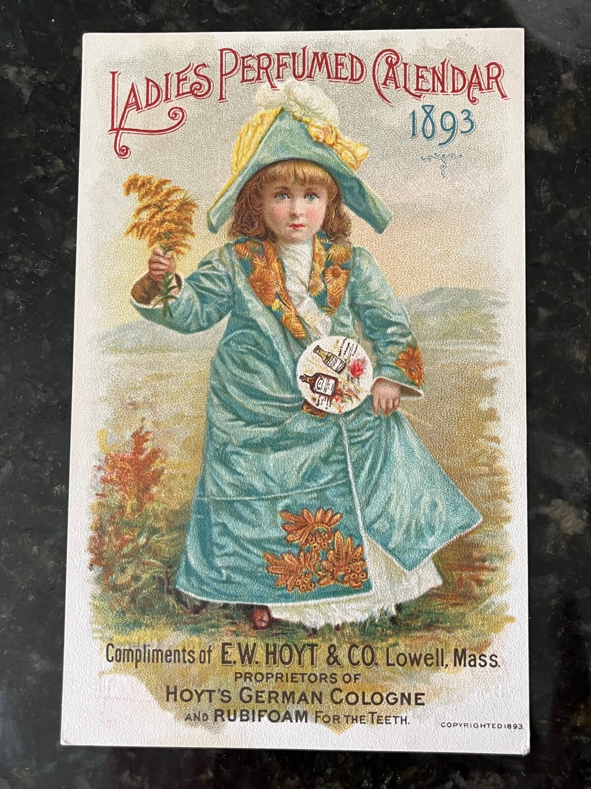 Ladies Perfumed Calendar 1893 Hoyt’s German Cologne SCENTED Victorian perfume Ad