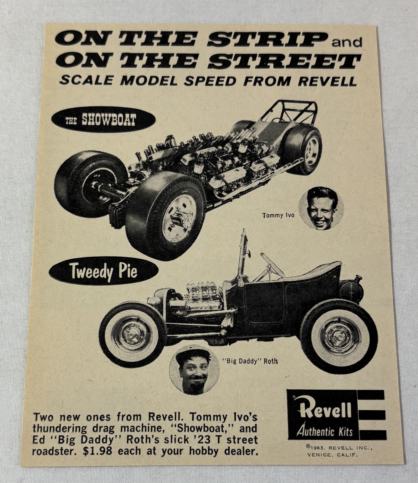 1963 Revell model kits ad ~ TOMMY IVO’S SHOWBOAT, BIG DADDY ROTH’S TWEEDY PIE