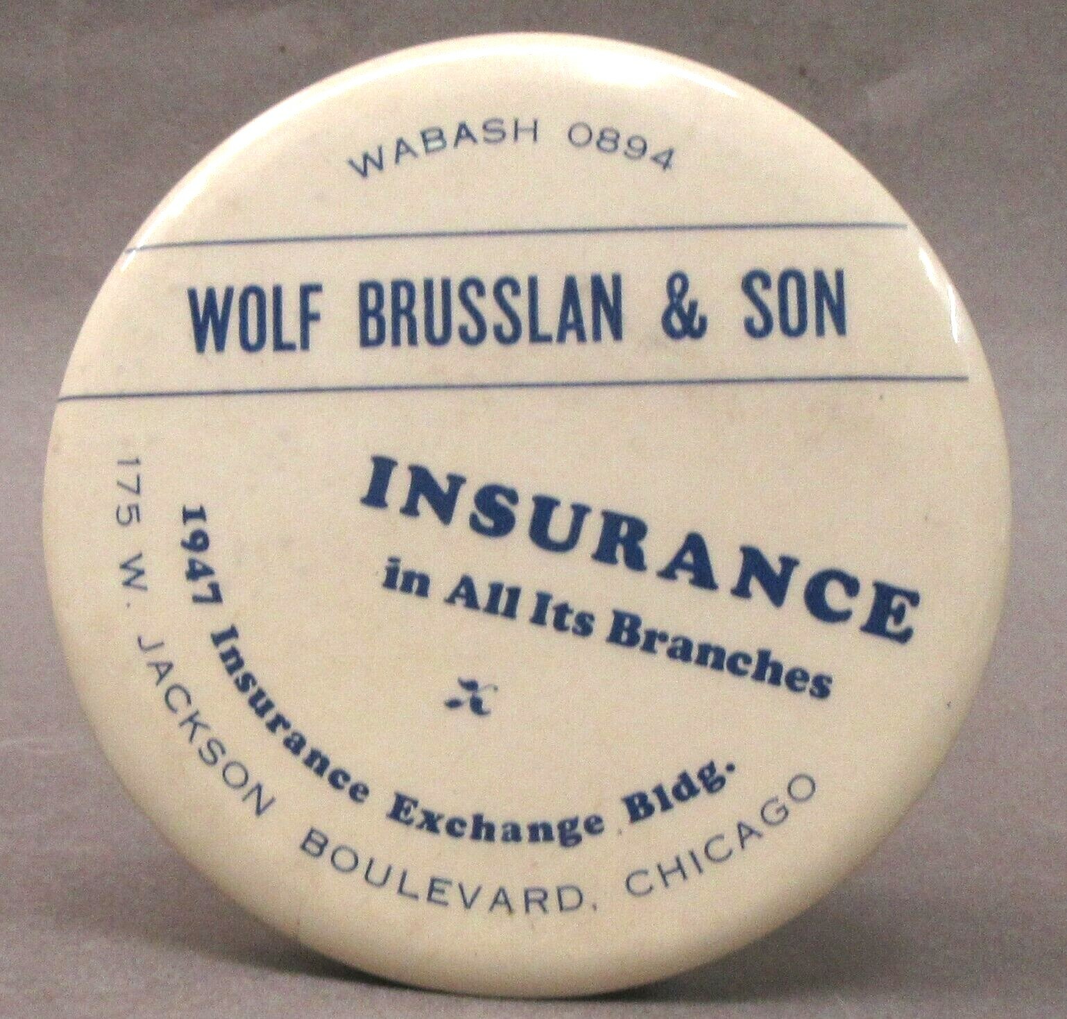 1930’s WOLF BRUSLAN INSURANCE Chicago Illinois paperweight pocket mirror ^