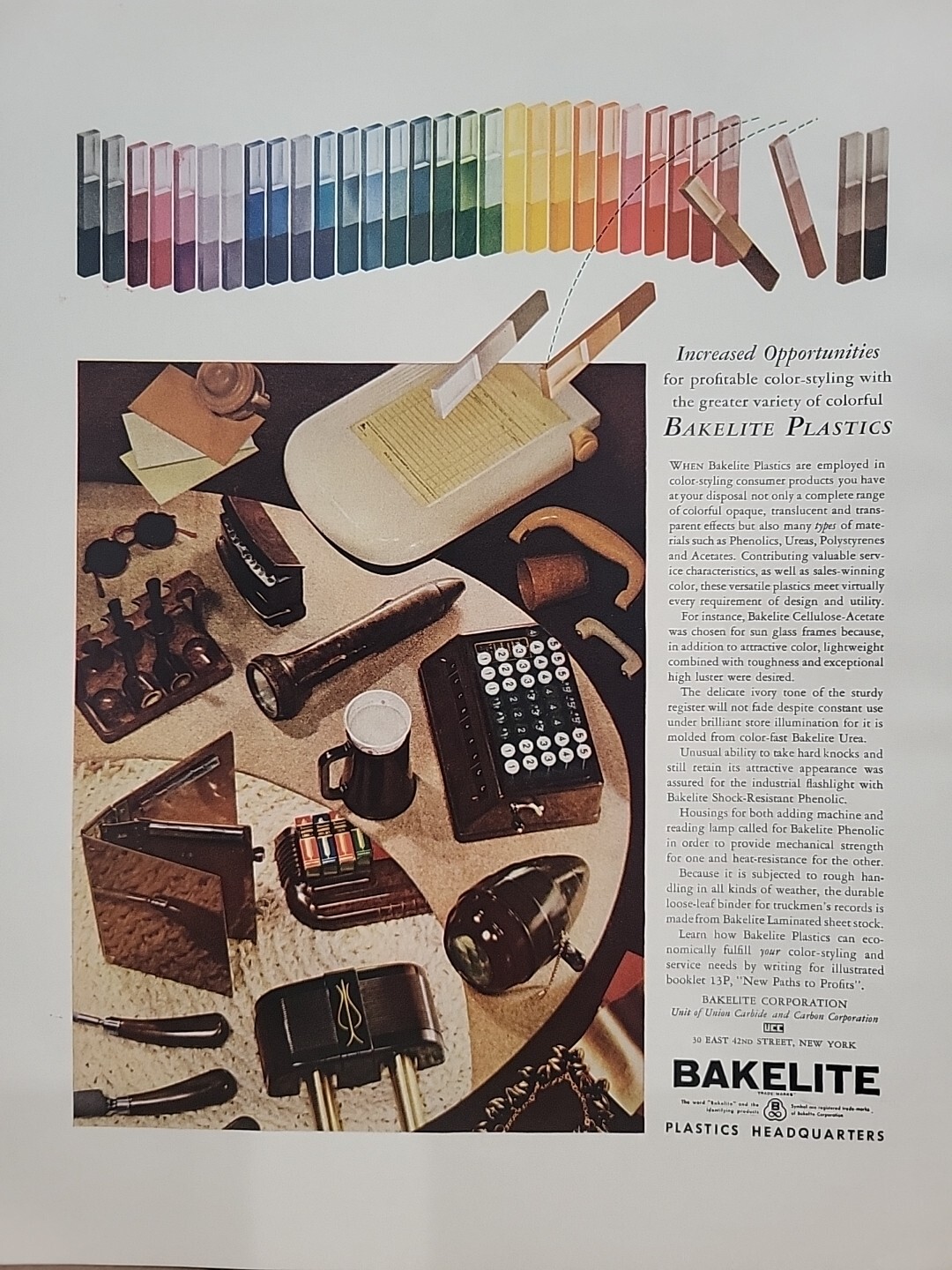 1940 Bakelite Plastics Fortune WW2 Print Ad Q4 Color Union Carbide