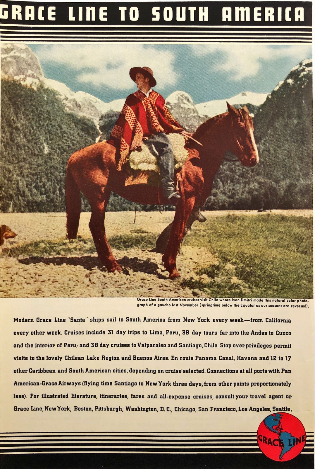 1937 Grace Line Cruise To South America Chile Man on Horse Vintage Print Ad