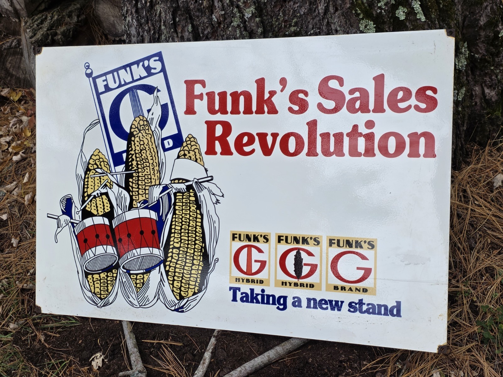 LARGE VINTAGE FUNK’S SALES REVOLUTION PORCELAIN ENAMEL SIGN 30″ X 20″