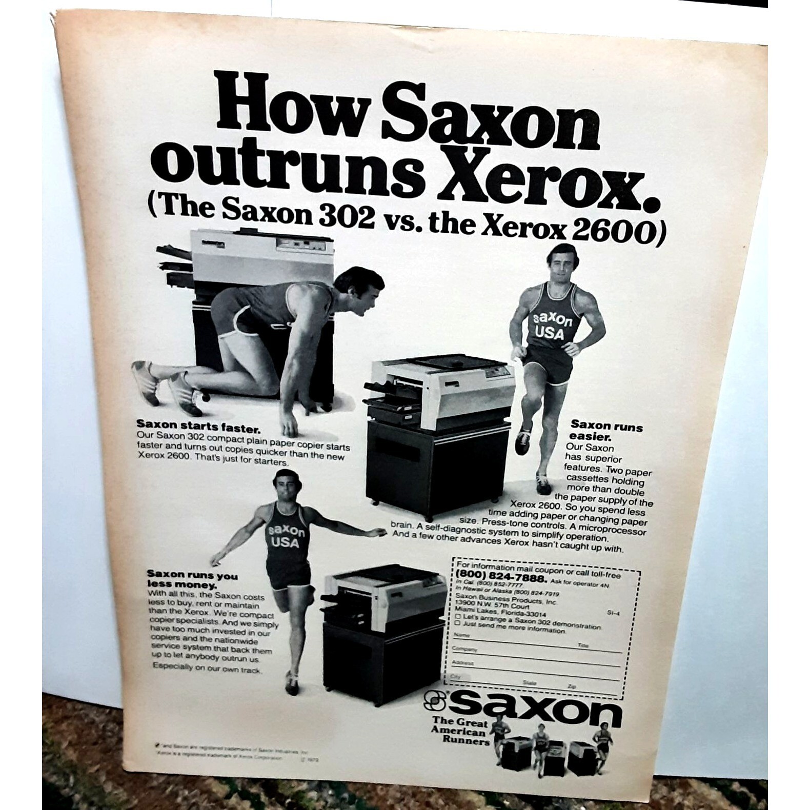 1979 Saxon Copier 302 Outruns Xerox 2600 Vintage Print Ad