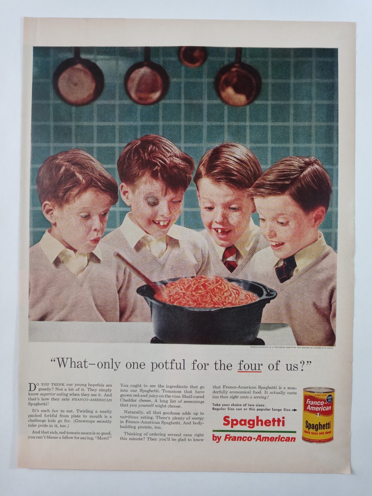 Franco American Canned Spaghetti 4 Boys Kitchen Colorful Vtg Poster Print Ad
