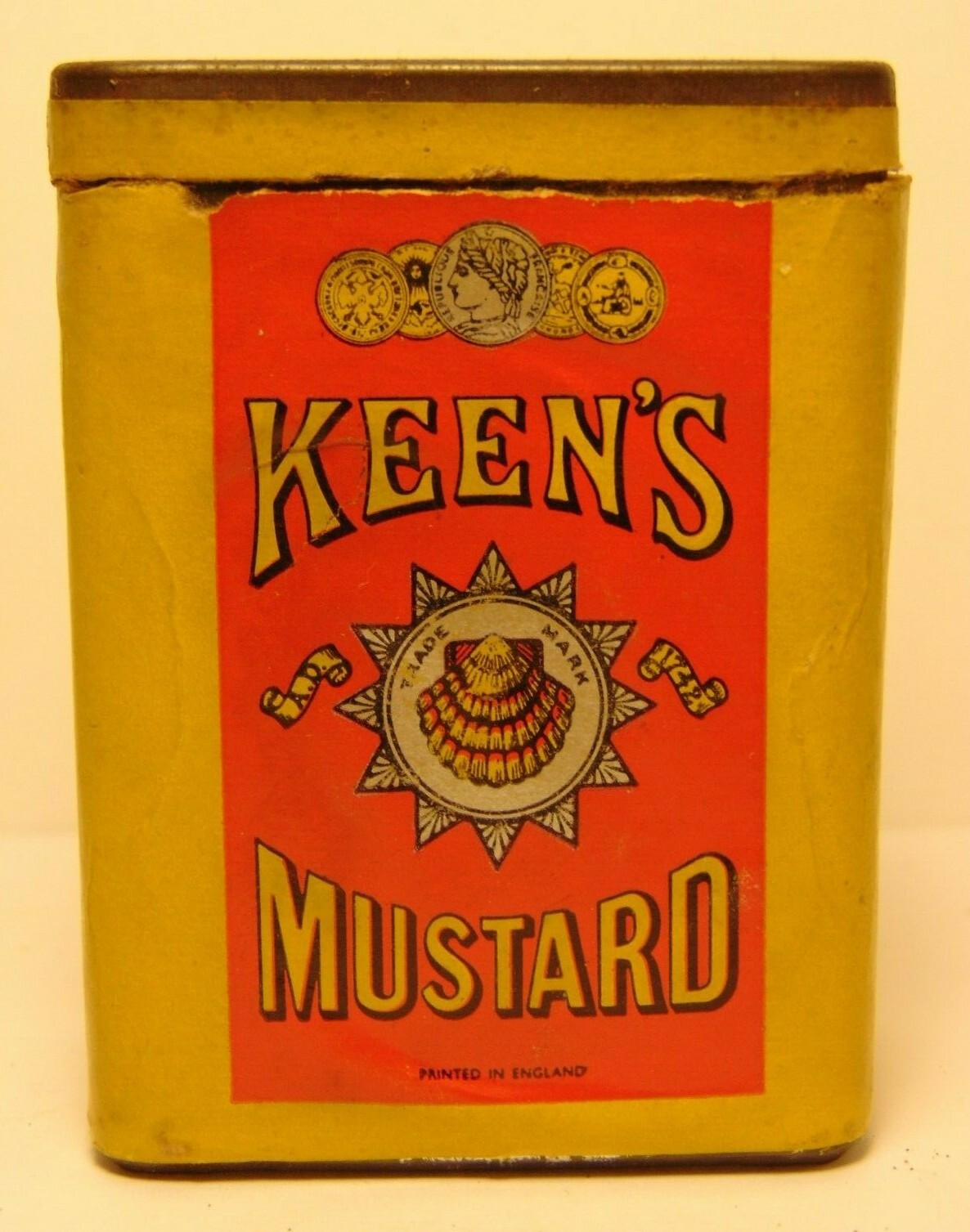 Rare Vintage 1950s KEEN MUSTARD COINS SEASHELL GRAPHIC SPICE TIN MONTREAL CANADA