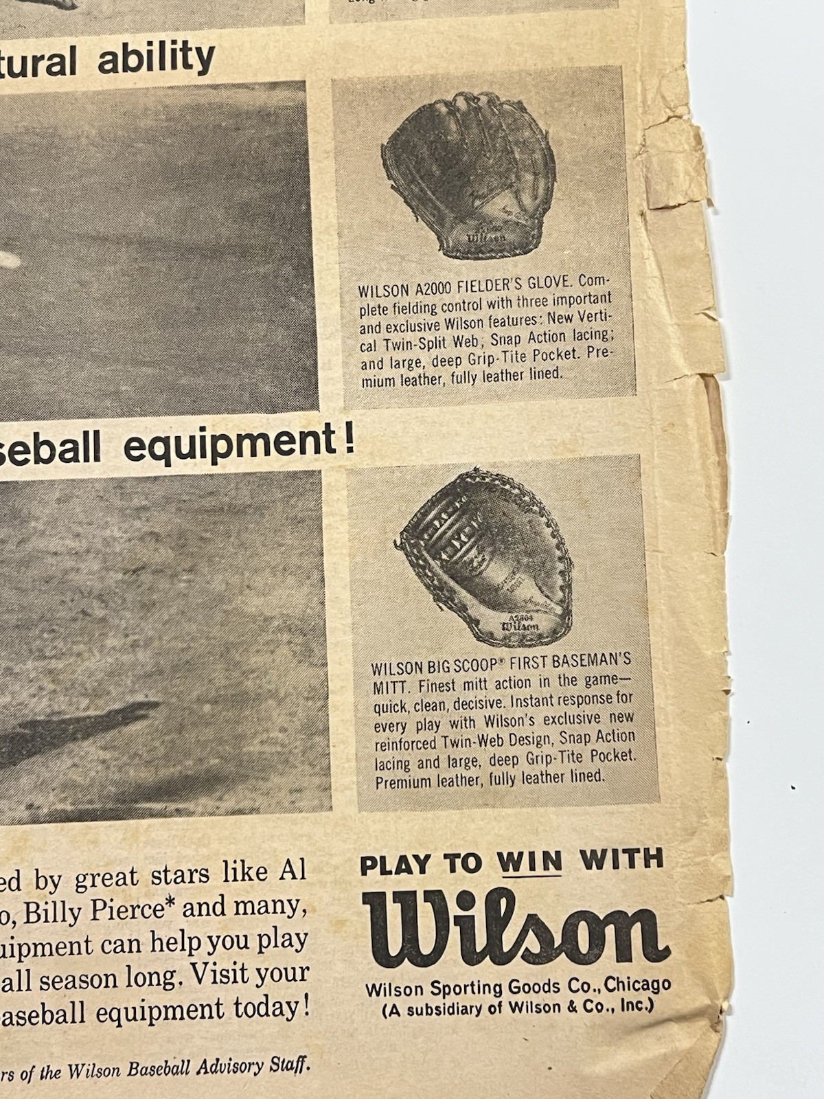 VTG 1963 Wilson Baseball Gloves Orig News Print Ad 30x39cm Aparicio Kaline TSN