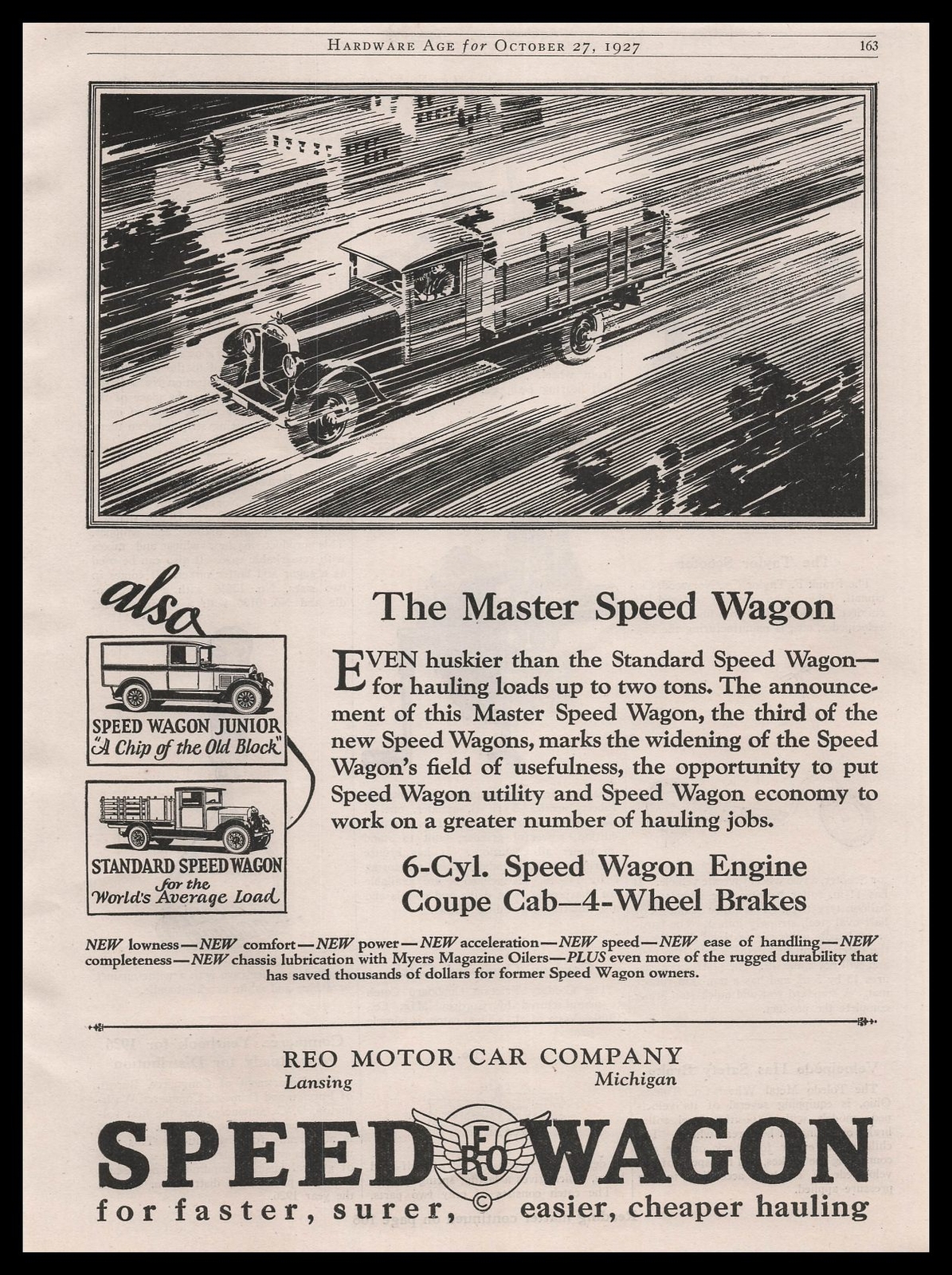 1927 REO Motor Car Co. Lansing Michigan Master 6 Cylinder SpeedWagons Print Ad