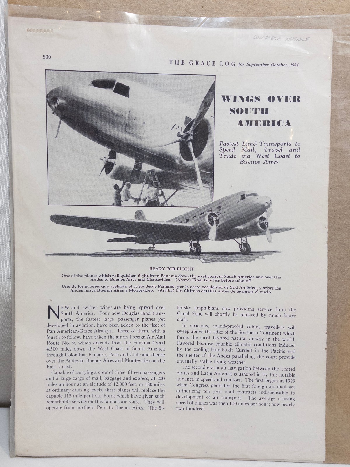 Vintage 1934 Pan American Grace Airways Panagra Ad Article Wings South America