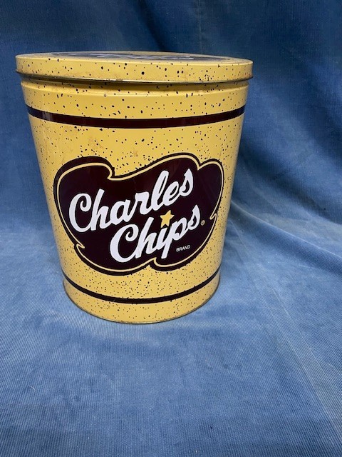 Charles Chips Potato Chip Tin LARGE Size 9 7/8″ tall 8 1/2″ Diameter