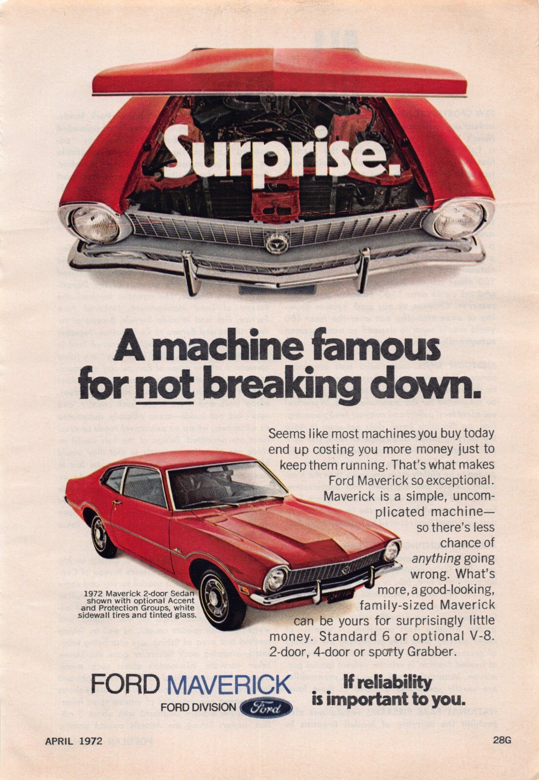 Ford Maverick 1972 2-Door Sedan Standard 6 V-8 2 or 4 Door Vtg Magazine Print Ad