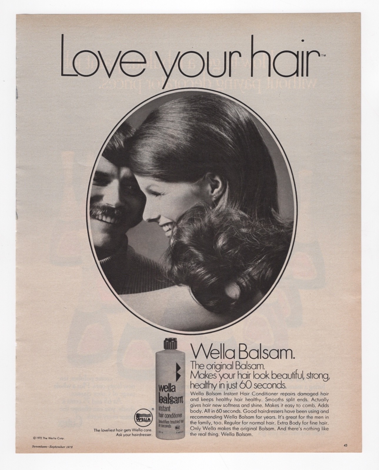 vintage 1970s large size mag print ad Wella Balsam Love Your Hair pretty girl
