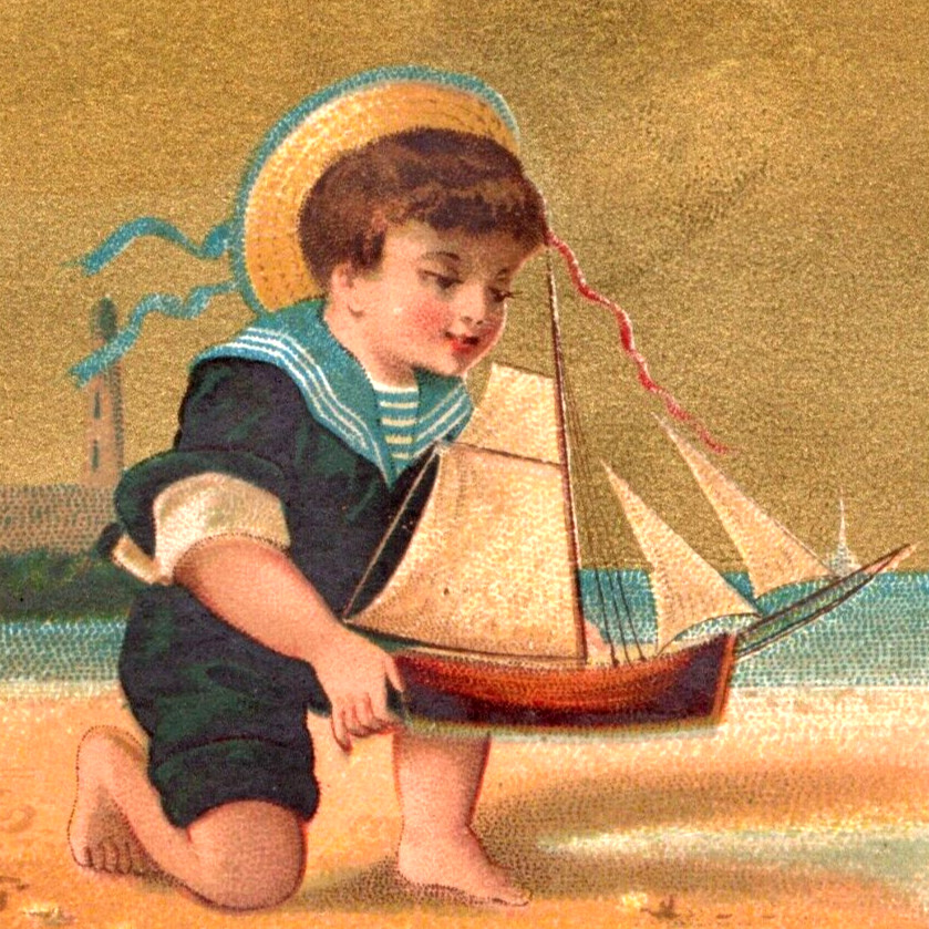 1880s Beach Scene Child Sailor Suit Launching Toy Schooner Sailboat P232