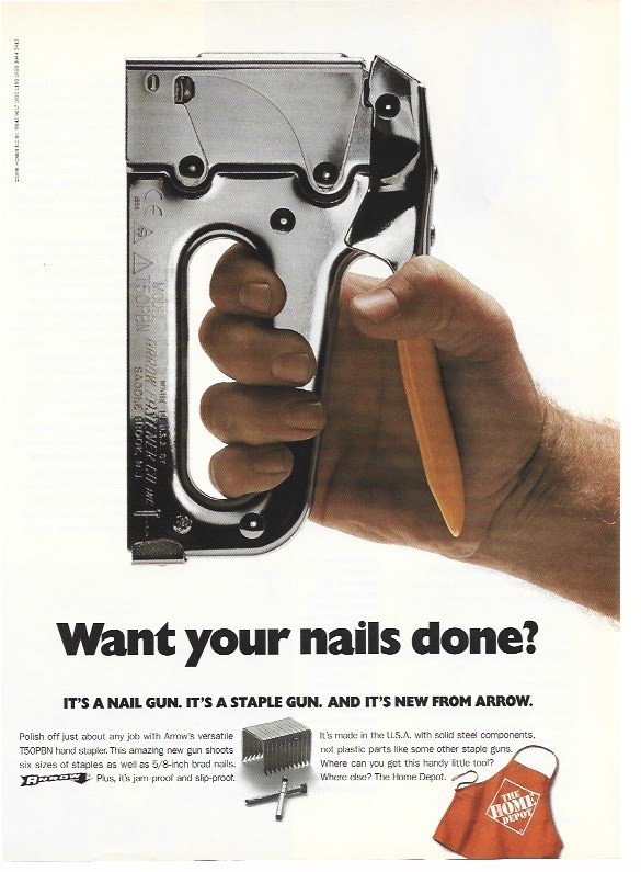 The Home Depot Want Your Nails Done Nail Gun 1998 Vintage Magazine Print Ad