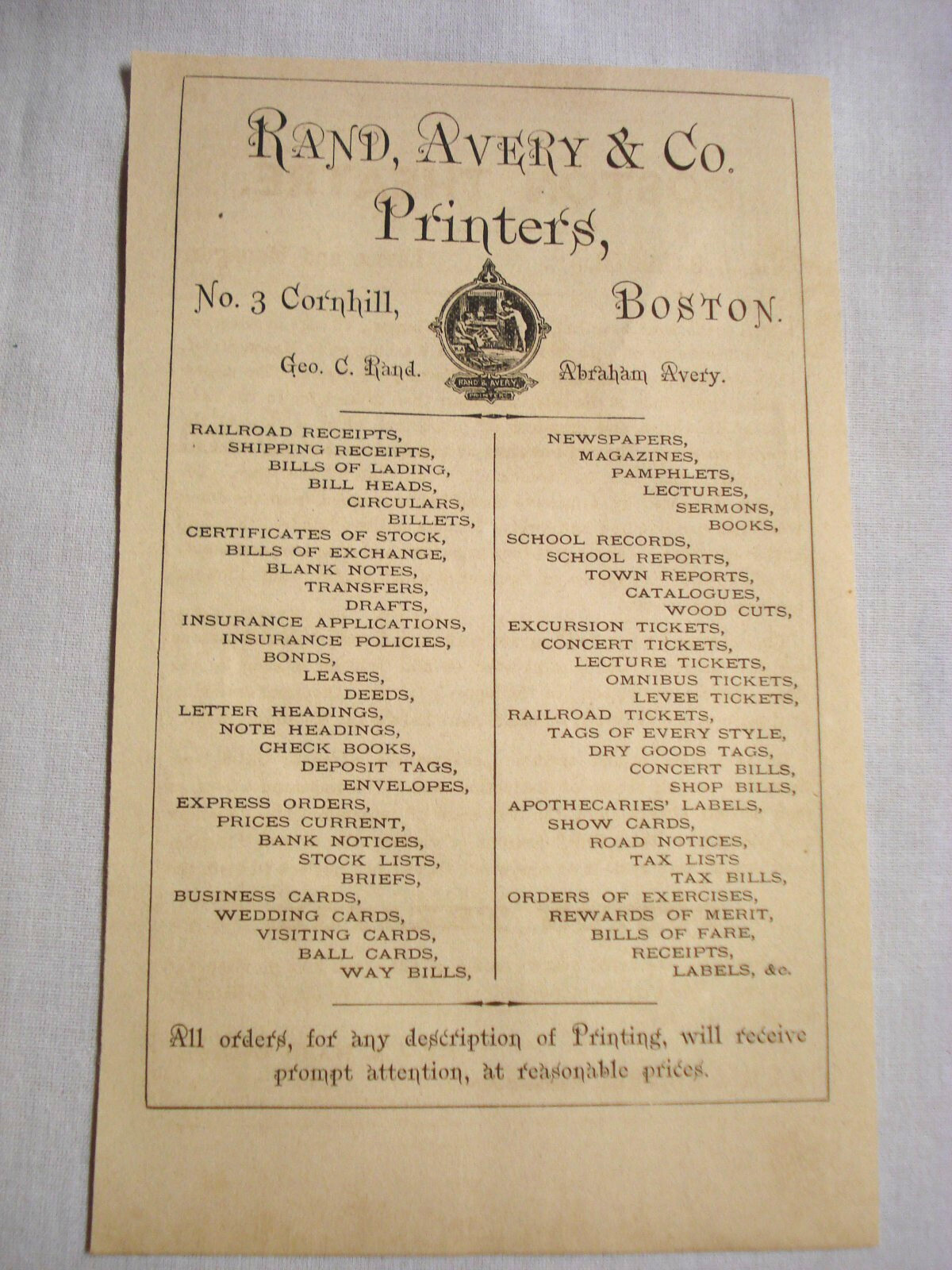 1872 Two Sided Boston Ads Rand, Avery & Co Printers, Boston Commercial Bulletin