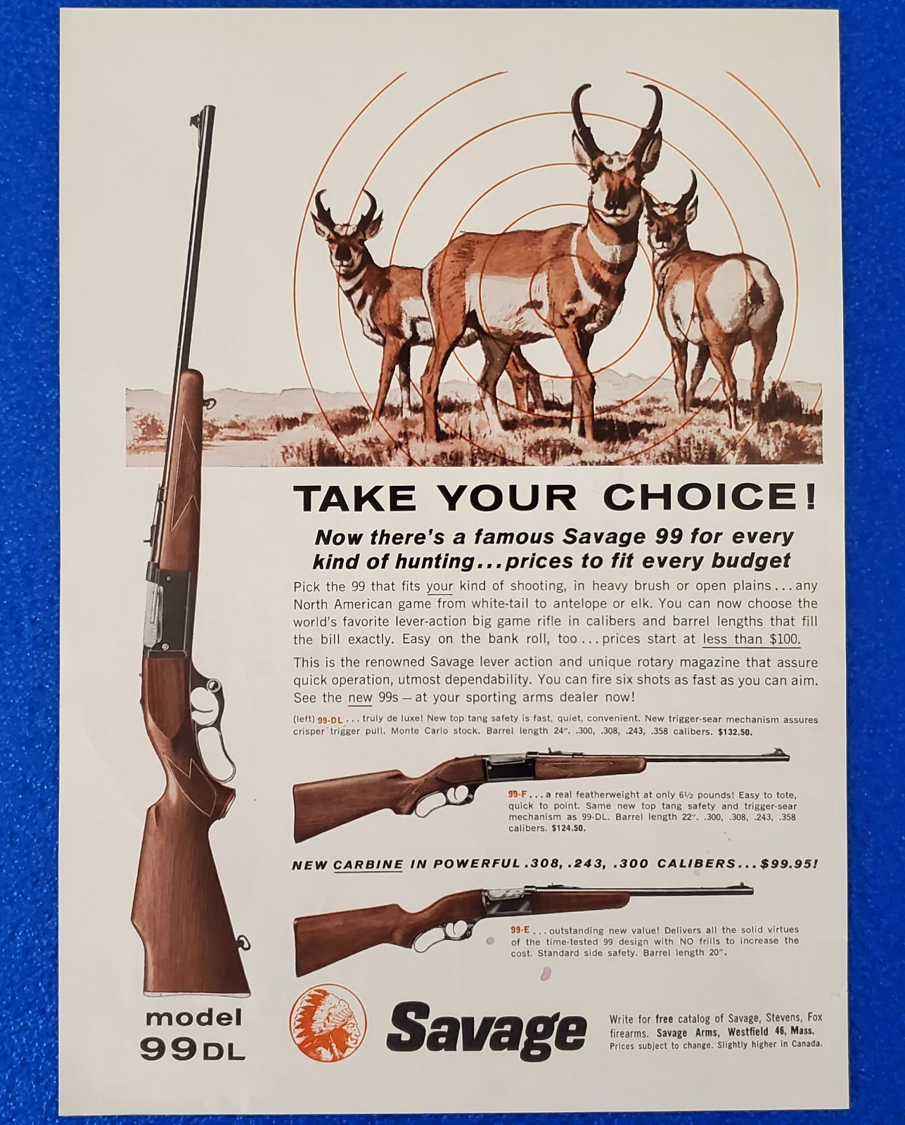 1961 SAVAGE ARMS MODEL 99 DL RIFLE ORIGINAL HUNTING DEER ELK ANTELOPE PRINT AD
