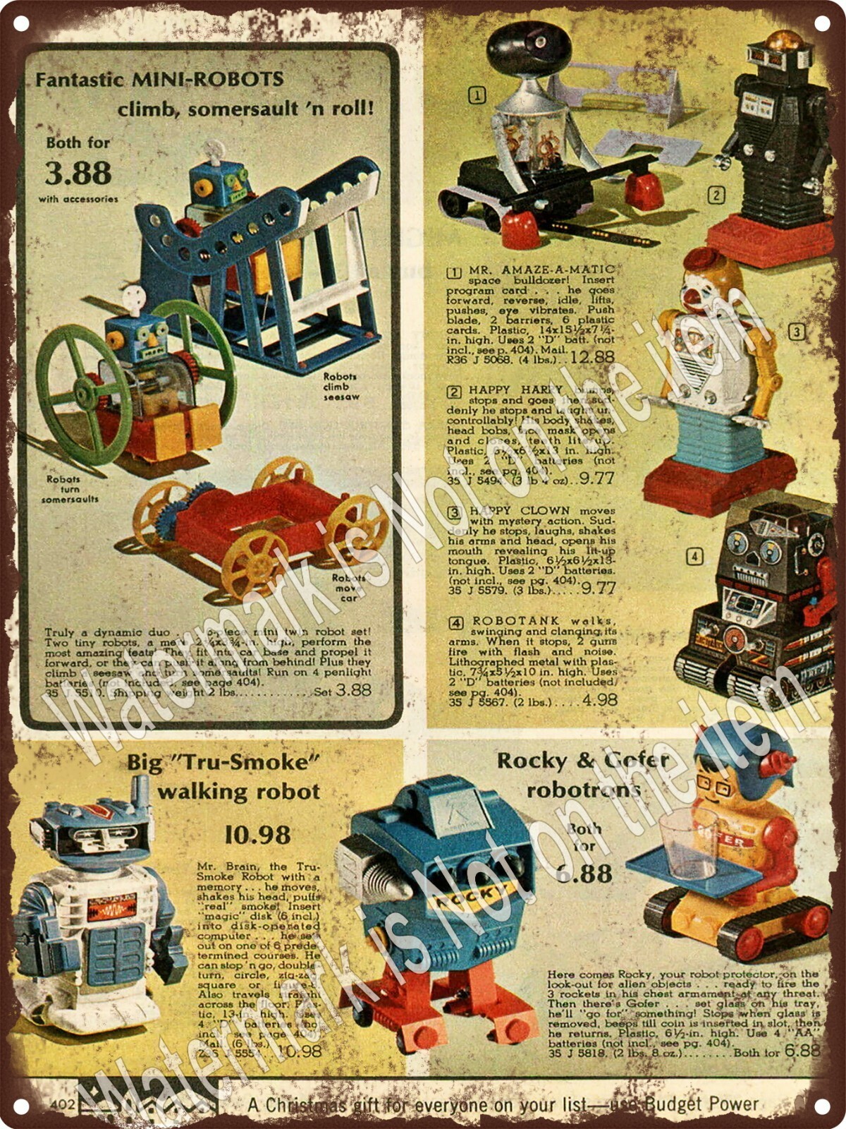 1970 Amaze-A-Matic Rocky Gofer Robotron Smoke Robot Toy Metal Sign 9×12″ A554