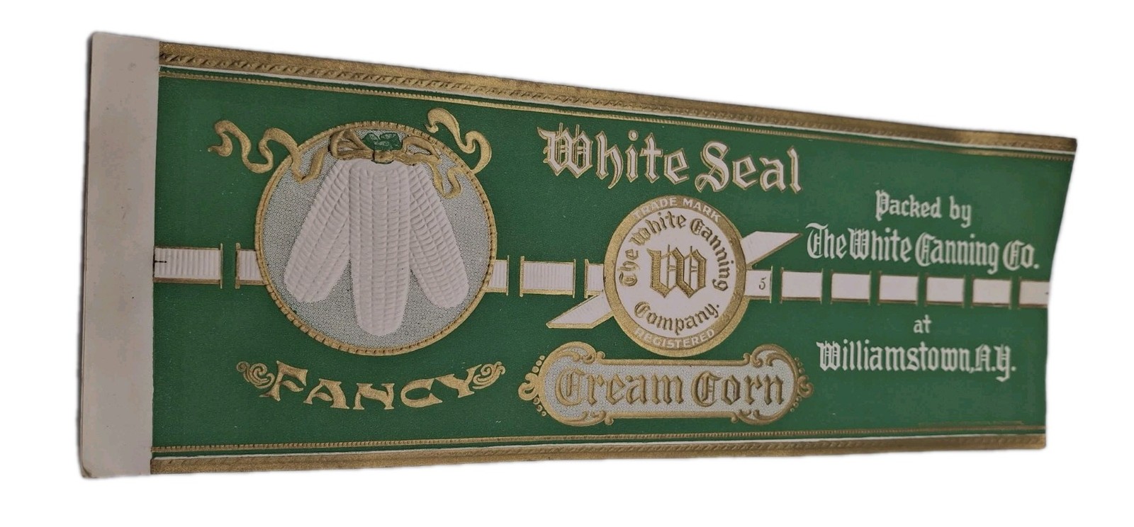 Antique WHITE SEAL Cream Corn Tin Label, Wiiliamstown, NY, C1915, Embossed
