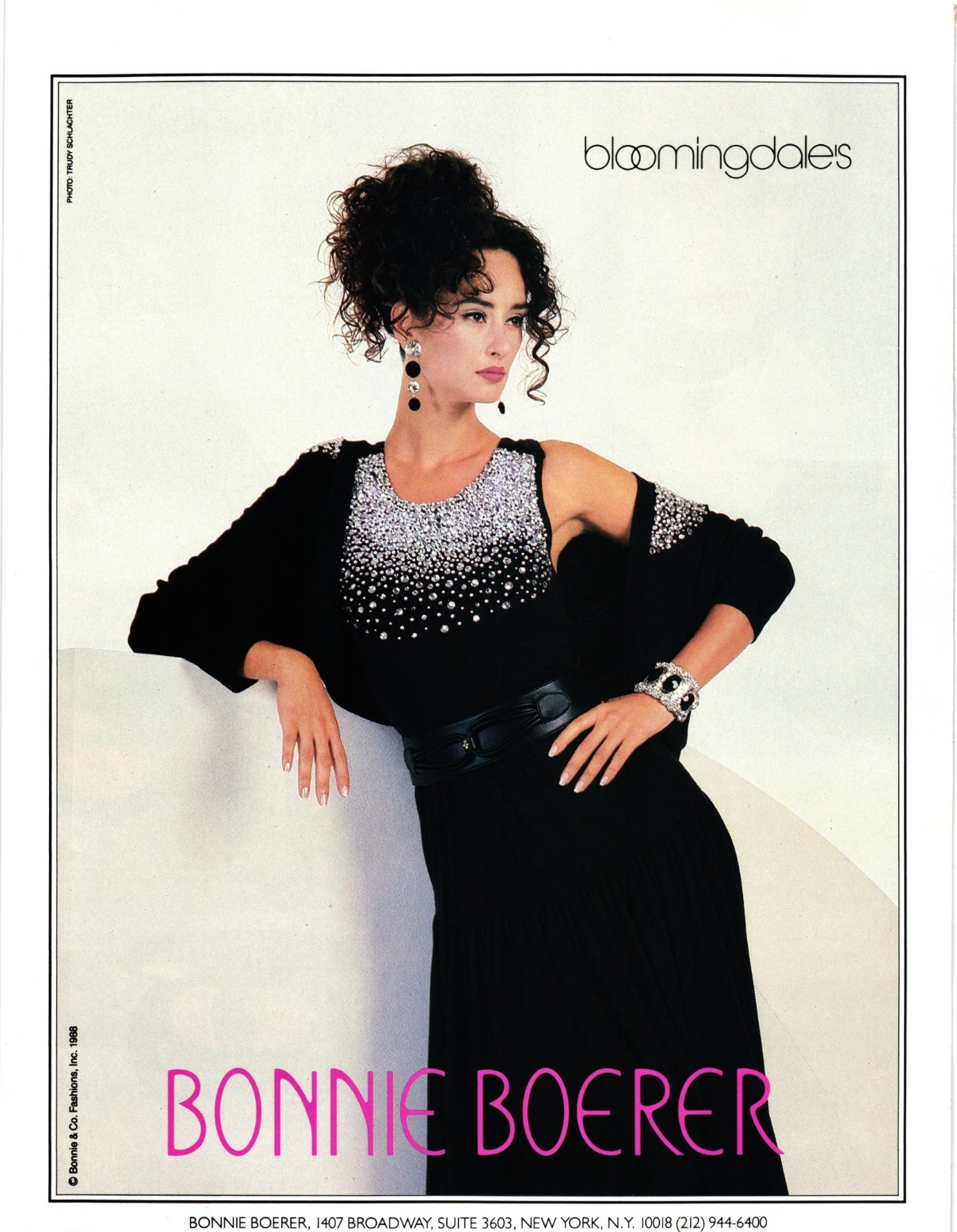 80s Print Ad Bonnie Boerer Fashion Spangled Black Dress Shrug Brunette Updo 526