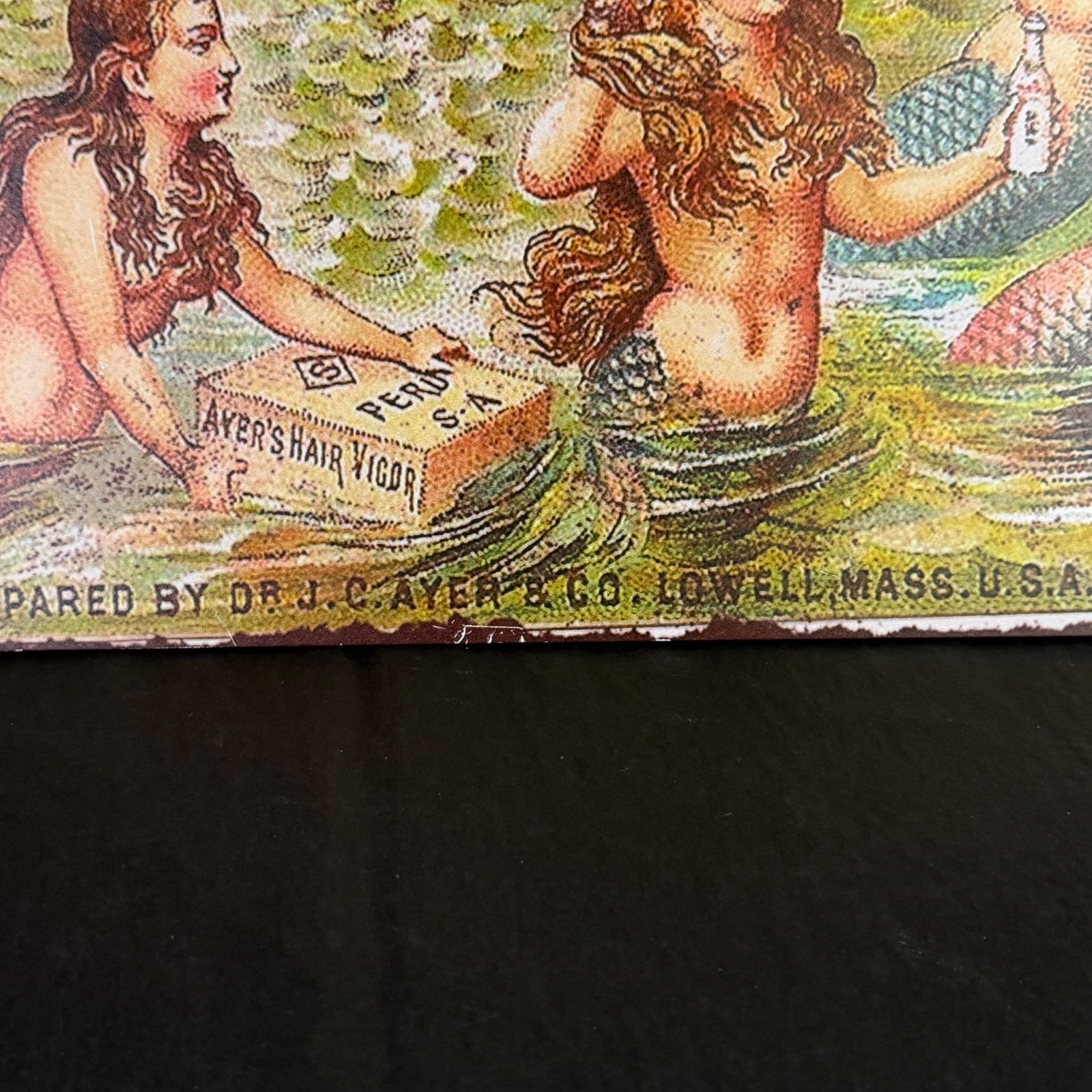 Tin Metal Sign Reproduction AYER’s HAIR VIGOR Lowell MA Mermaids 17 5/8″L