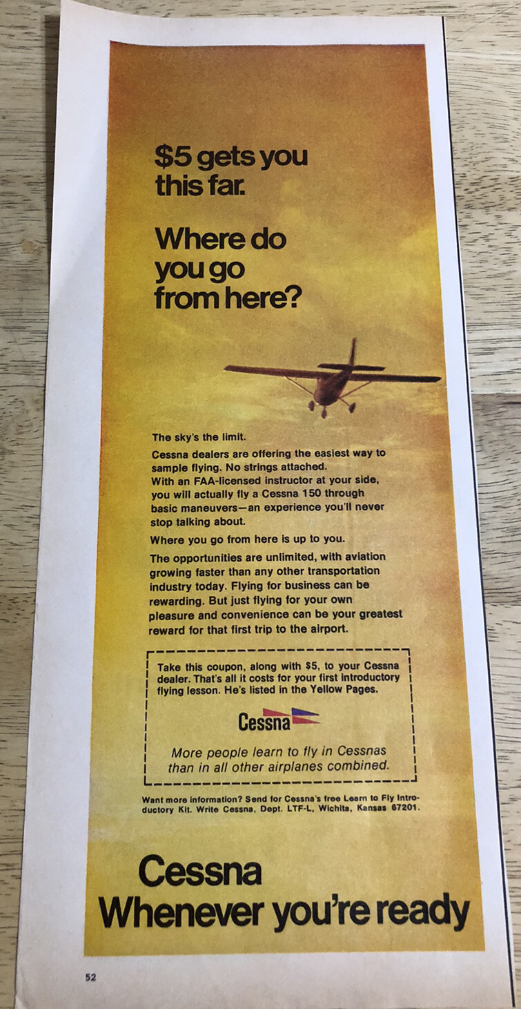 1970 CESSNA AIRPLANE / UNITED WAY Isadore Seltzer – Vintage 2-sided Magazine Ad