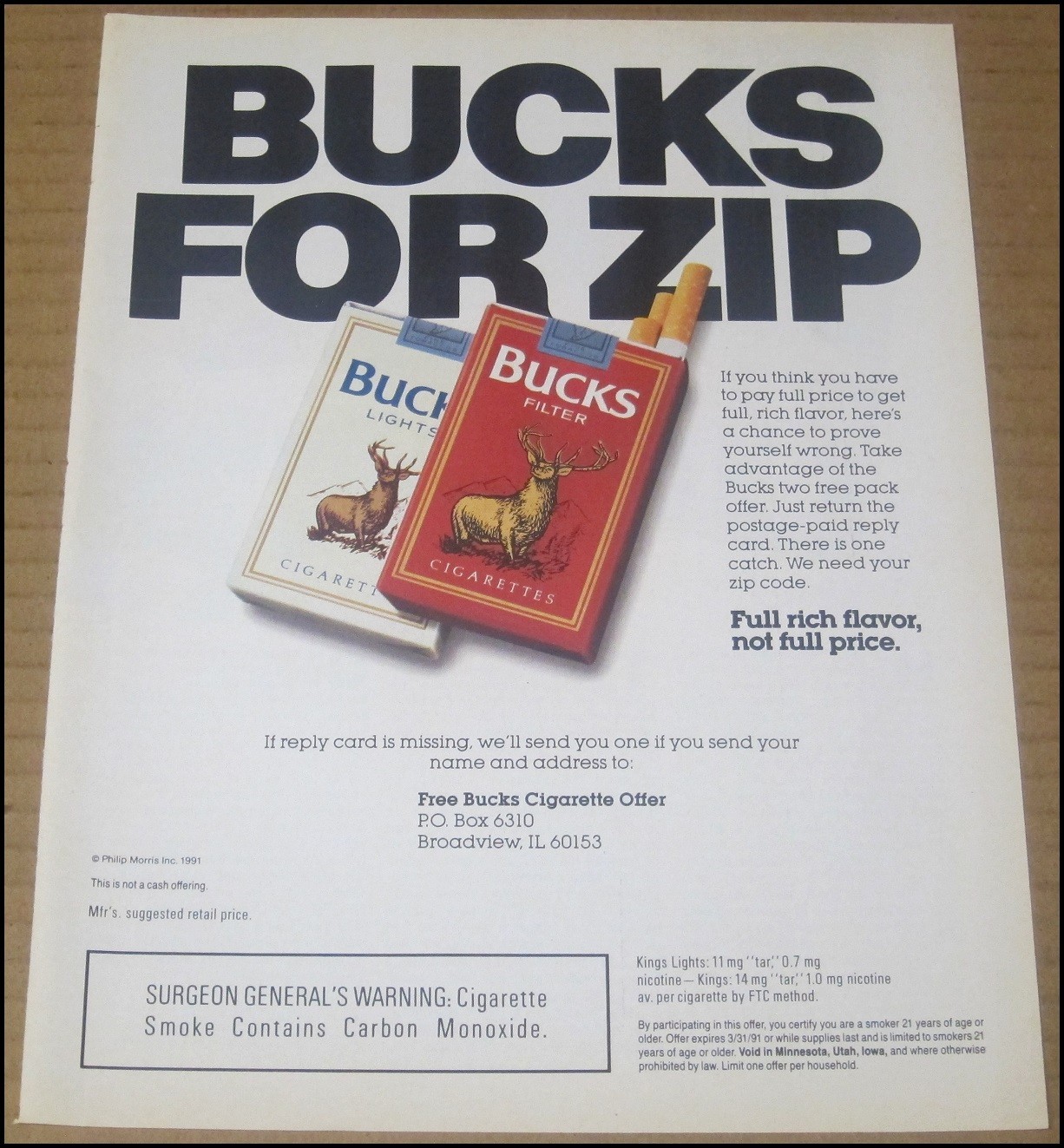 1991 Bucks Cigarettes Print Ad Advertisement Vintage Bucks For Zip Philip Morris