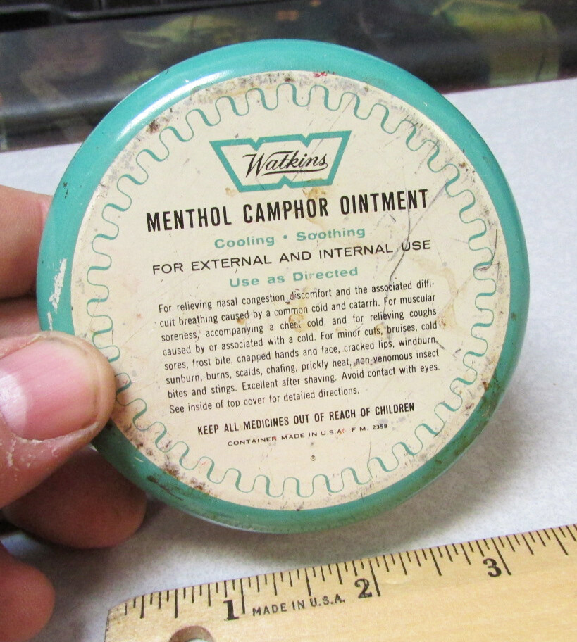 vintage Watkins Menthol Camphor Ointment tin, some still left inside, nice decor