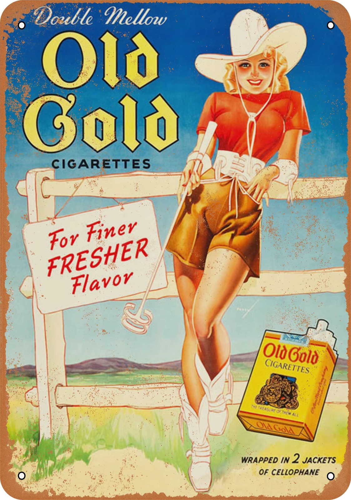 Metal Sign – 1942 Old Gold Cigarettes and Cowgirl – Vintage Look Reproduction