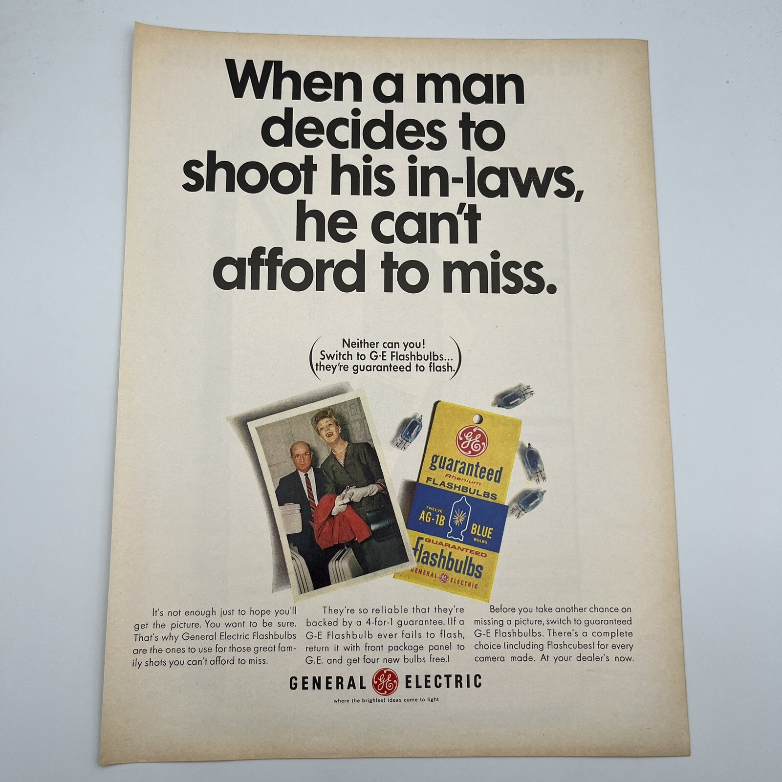 GE Flashbulbs 1966 Vtg Print Ad 10″x13.5″ photography shoot in laws dont miss