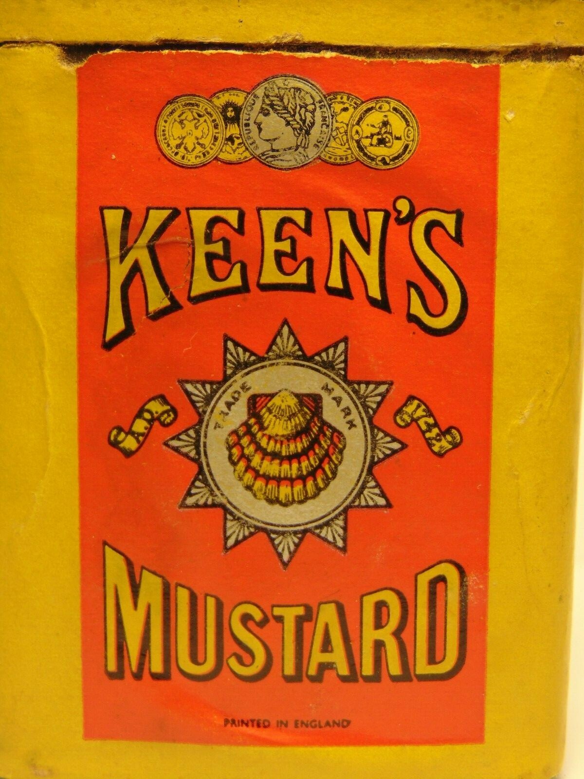 Rare Vintage 1950s KEEN MUSTARD COINS SEASHELL GRAPHIC SPICE TIN MONTREAL CANADA