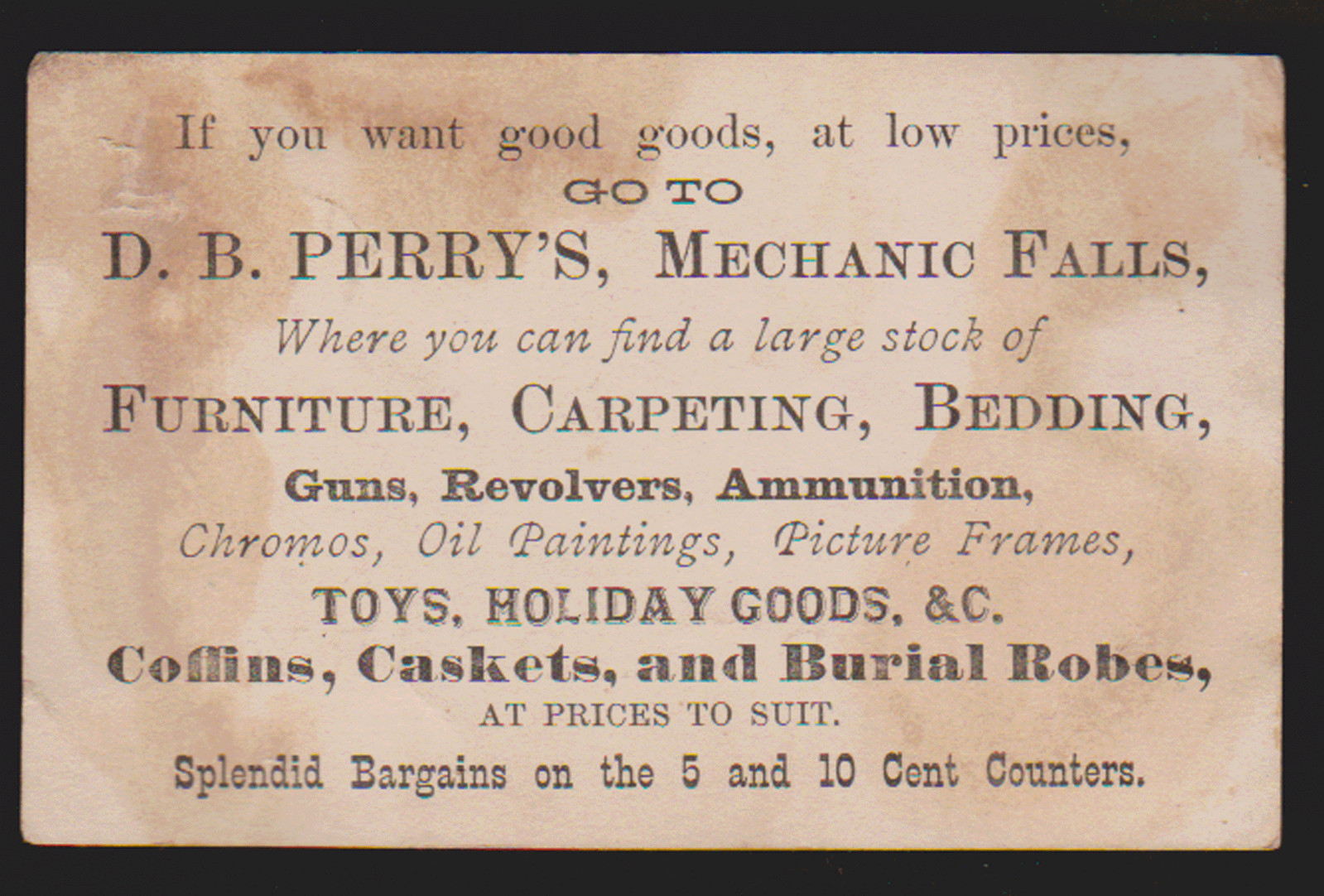 MECHANIC FALLS ME TRADE CARD,DB PERRYS STORE, GUNS, TOYS, AMMO, COFFINS+++ A233
