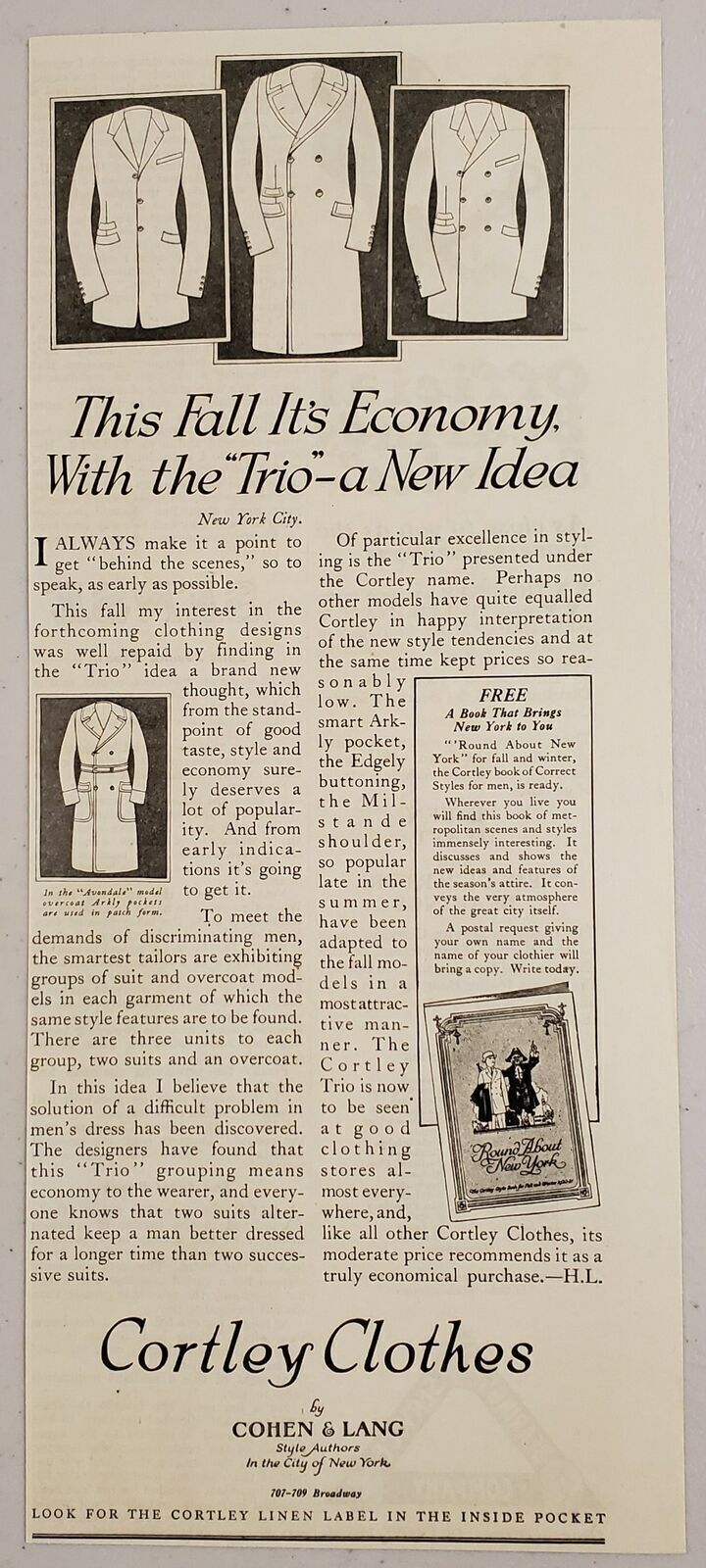 1920 Print Ad Cortley Clothes Cohen & Lang Style Authoes New York,NY